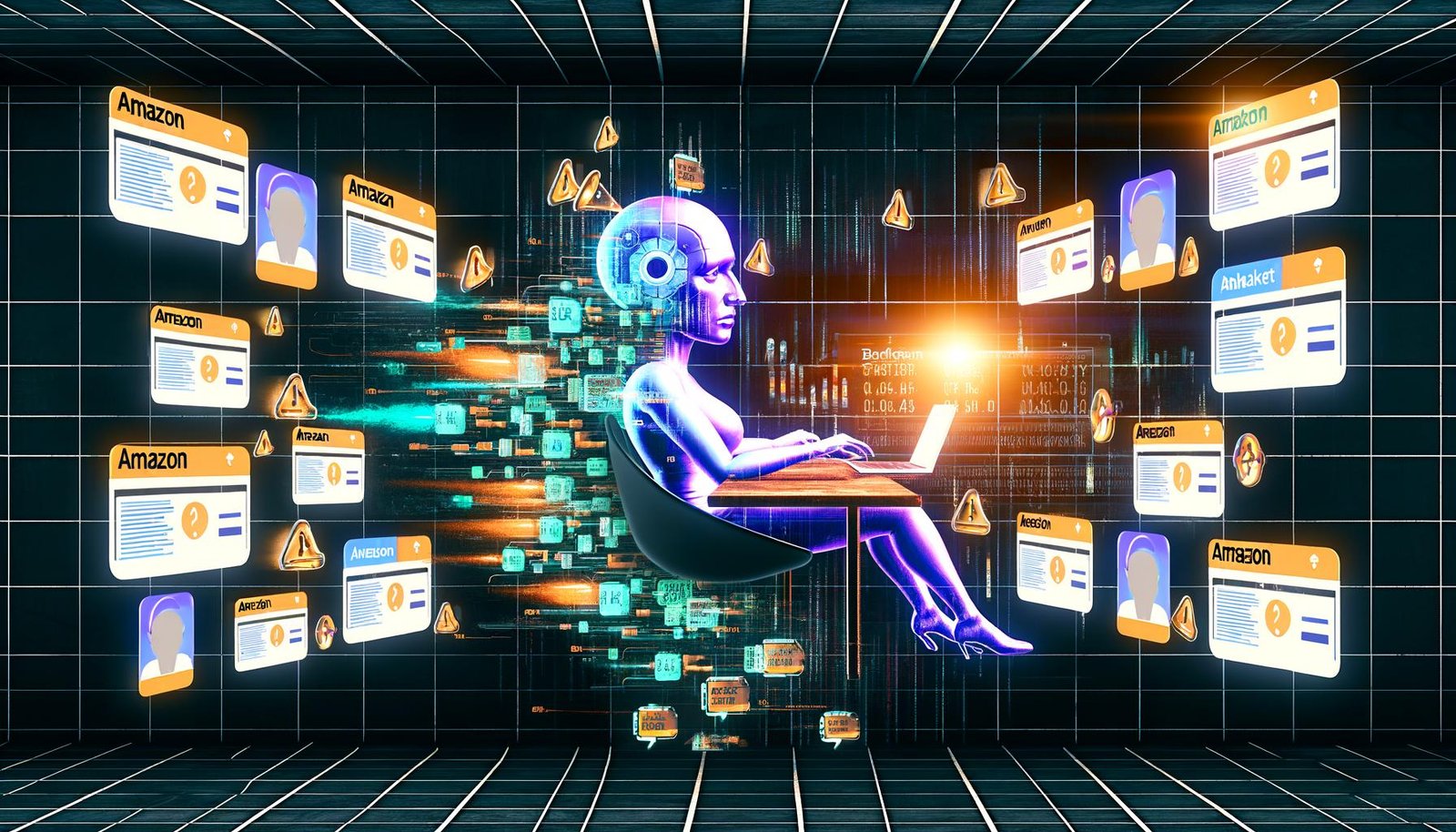 Dramatische digitale Illustration eines Marketers am Amazon Ads Dashboard, der sich mit KI-Schutzschildern gegen Betrug, Bots und Datenmanipulation verteidigt