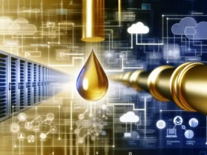 Goldener Datentropfen fließt durch eine Pipeline zwischen Serverracks und digitalen Interfaces, mit schematischen Diagrammen, Cloud-Symbolen und Marketing-Icons im Hintergrund