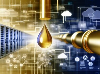Goldener Datentropfen fließt durch eine Pipeline zwischen Serverracks und digitalen Interfaces, mit schematischen Diagrammen, Cloud-Symbolen und Marketing-Icons im Hintergrund