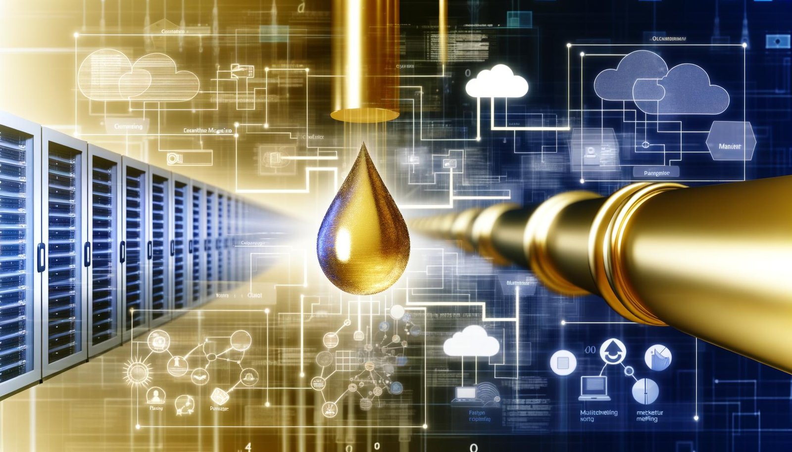 Goldener Datentropfen fließt durch eine Pipeline zwischen Serverracks und digitalen Interfaces, mit schematischen Diagrammen, Cloud-Symbolen und Marketing-Icons im Hintergrund
