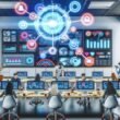 Futuristische und innovative Marketingabteilung mit digitalen Dashboards, Monitoren, Whiteboards sowie einem Team von Marketingexperten bei der Arbeit im Großraumbüro