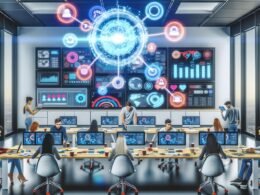 Futuristische und innovative Marketingabteilung mit digitalen Dashboards, Monitoren, Whiteboards sowie einem Team von Marketingexperten bei der Arbeit im Großraumbüro
