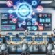 Futuristische und innovative Marketingabteilung mit digitalen Dashboards, Monitoren, Whiteboards sowie einem Team von Marketingexperten bei der Arbeit im Großraumbüro