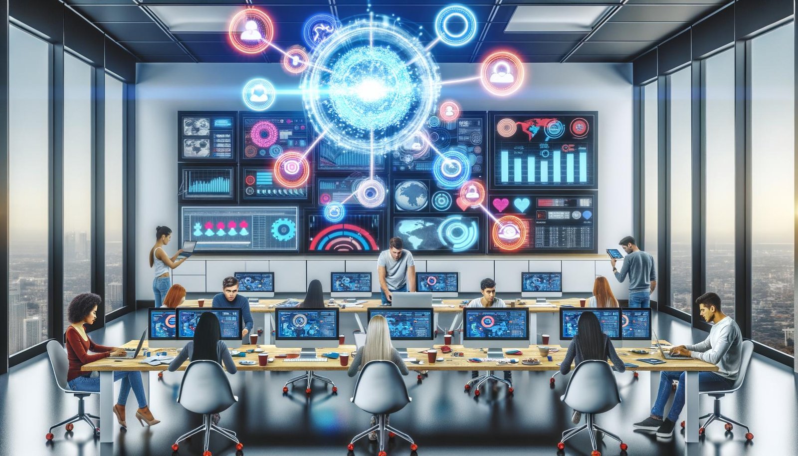 Futuristische und innovative Marketingabteilung mit digitalen Dashboards, Monitoren, Whiteboards sowie einem Team von Marketingexperten bei der Arbeit im Großraumbüro