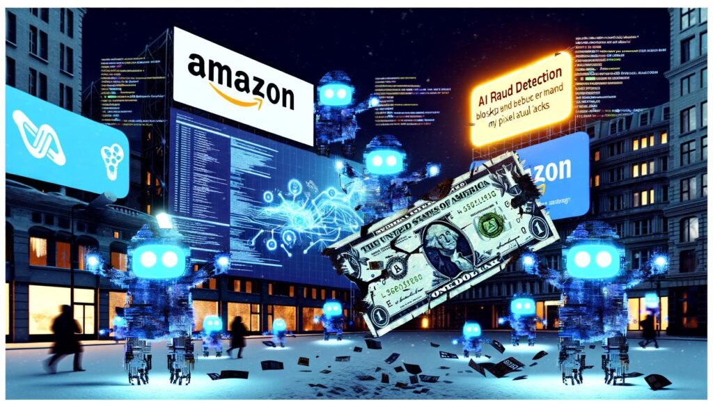 Titelbild mit zerfetztem Geldschein im Zentrum, umgeben von halb-menschlichen, halb-bot Gestalten mit leuchtenden Augen und übergroßen Mausklick-Fingern vor der nächtlichen, cyberpunk-inspirierten Großstadtsilhouette, großflächigen Amazon Ads Klick-Animationen und einem leuchtenden AI Fraud Detection Schild.