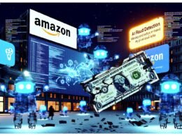 Titelbild mit zerfetztem Geldschein im Zentrum, umgeben von halb-menschlichen, halb-bot Gestalten mit leuchtenden Augen und übergroßen Mausklick-Fingern vor der nächtlichen, cyberpunk-inspirierten Großstadtsilhouette, großflächigen Amazon Ads Klick-Animationen und einem leuchtenden AI Fraud Detection Schild.