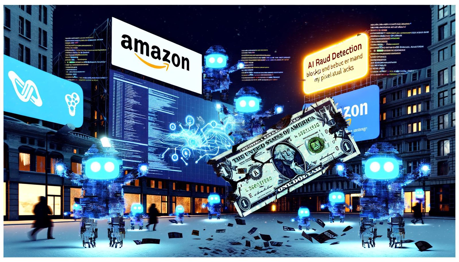 Titelbild mit zerfetztem Geldschein im Zentrum, umgeben von halb-menschlichen, halb-bot Gestalten mit leuchtenden Augen und übergroßen Mausklick-Fingern vor der nächtlichen, cyberpunk-inspirierten Großstadtsilhouette, großflächigen Amazon Ads Klick-Animationen und einem leuchtenden AI Fraud Detection Schild.