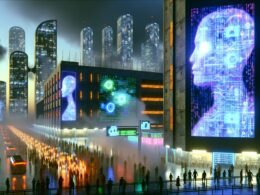 Dystopische Stadt bei Sonnenuntergang mit Neonlichtern, gigantischen KI-Hologrammen und algorithmischen Codes über belebten Straßen.