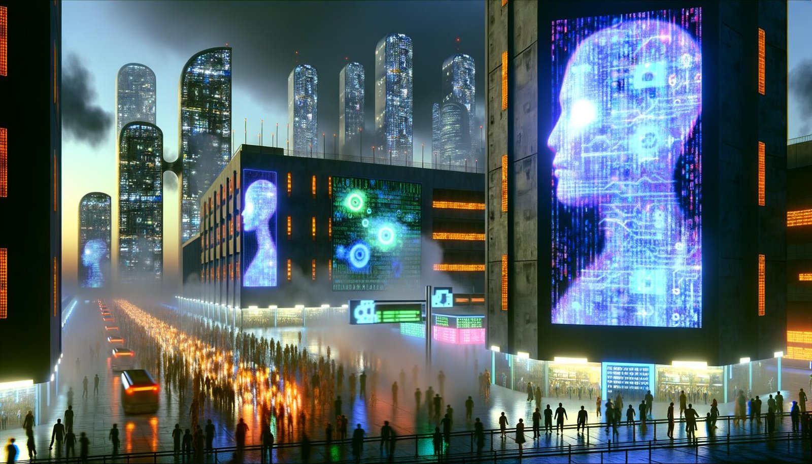 Dystopische Stadt bei Sonnenuntergang mit Neonlichtern, gigantischen KI-Hologrammen und algorithmischen Codes über belebten Straßen.