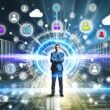 Stilisierte Businessperson mit verschränkten Armen zwischen Datenströmen, Dashboards, Serverracks und Cloud-Symbolen als Darstellung optimal vernetzter Kundendatenquellen