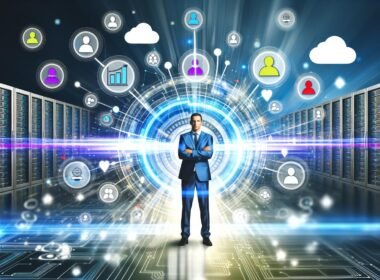 Stilisierte Businessperson mit verschränkten Armen zwischen Datenströmen, Dashboards, Serverracks und Cloud-Symbolen als Darstellung optimal vernetzter Kundendatenquellen