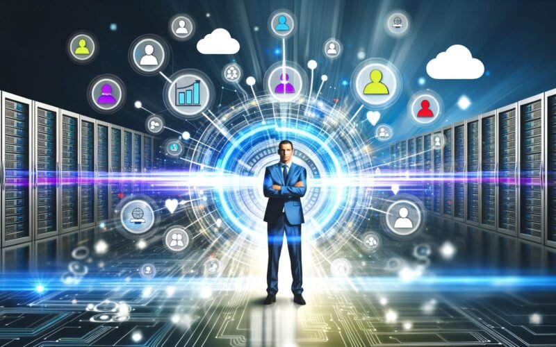 Stilisierte Businessperson mit verschränkten Armen zwischen Datenströmen, Dashboards, Serverracks und Cloud-Symbolen als Darstellung optimal vernetzter Kundendatenquellen