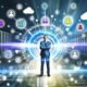 Stilisierte Businessperson mit verschränkten Armen zwischen Datenströmen, Dashboards, Serverracks und Cloud-Symbolen als Darstellung optimal vernetzter Kundendatenquellen
