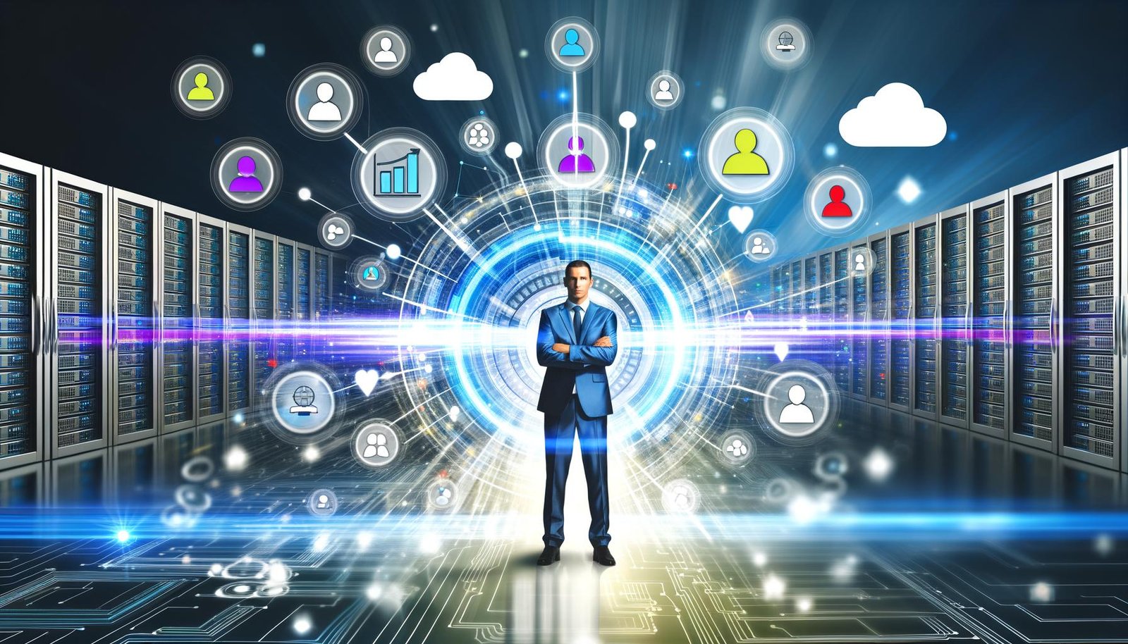 Stilisierte Businessperson mit verschränkten Armen zwischen Datenströmen, Dashboards, Serverracks und Cloud-Symbolen als Darstellung optimal vernetzter Kundendatenquellen