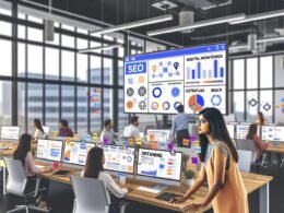 Großraumbüro mit jungen Marketing- und PR-Profis an digitalen Arbeitsplätzen, Screens mit Analyse-Dashboards, kreative Post-its, Strategin am Touchscreen plant digitale Kanäle und Zielgruppen-Personas.