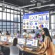 Großraumbüro mit jungen Marketing- und PR-Profis an digitalen Arbeitsplätzen, Screens mit Analyse-Dashboards, kreative Post-its, Strategin am Touchscreen plant digitale Kanäle und Zielgruppen-Personas.