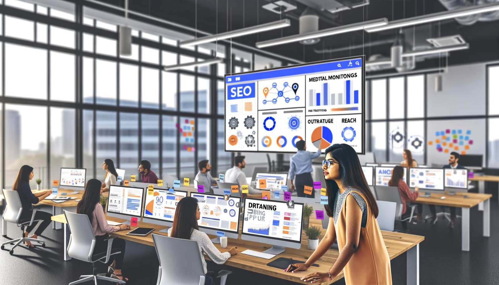 Großraumbüro mit jungen Marketing- und PR-Profis an digitalen Arbeitsplätzen, Screens mit Analyse-Dashboards, kreative Post-its, Strategin am Touchscreen plant digitale Kanäle und Zielgruppen-Personas.