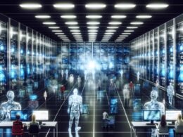 Futuristisches Großraumbüro mit leuchtenden Serverracks und transparenten Bildschirmen, KI-Avatare und Roboter dominieren die Kontrollzentren, menschliche Marketer stehen abseits.