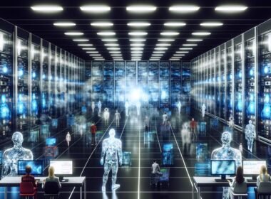 Futuristisches Großraumbüro mit leuchtenden Serverracks und transparenten Bildschirmen, KI-Avatare und Roboter dominieren die Kontrollzentren, menschliche Marketer stehen abseits.