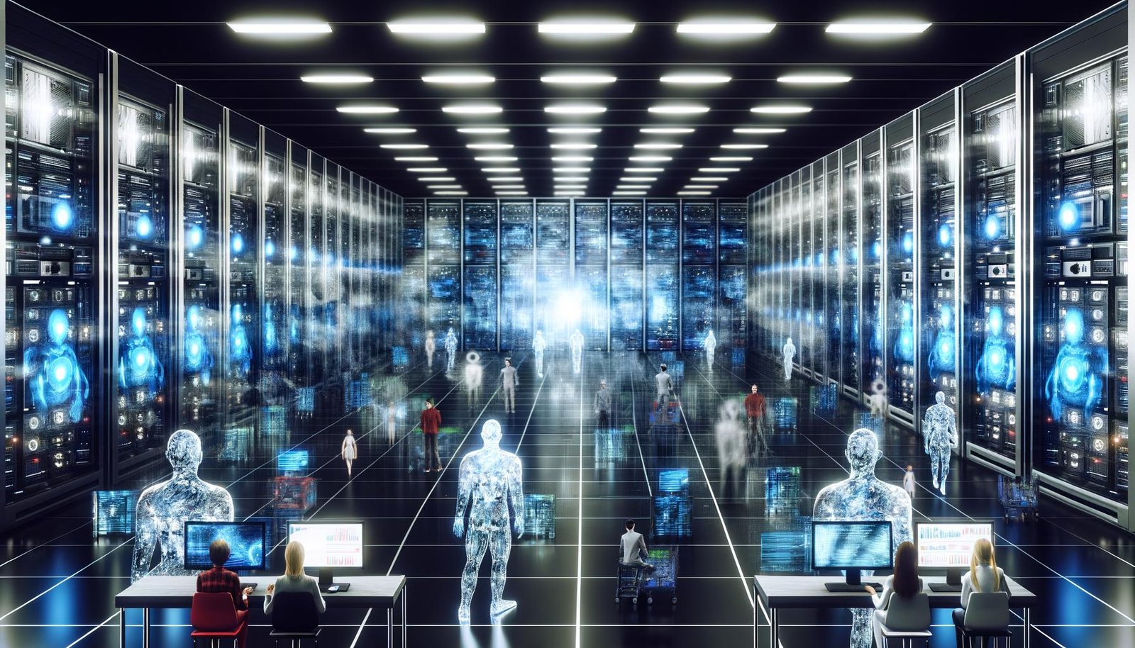 Futuristisches Großraumbüro mit leuchtenden Serverracks und transparenten Bildschirmen, KI-Avatare und Roboter dominieren die Kontrollzentren, menschliche Marketer stehen abseits.
