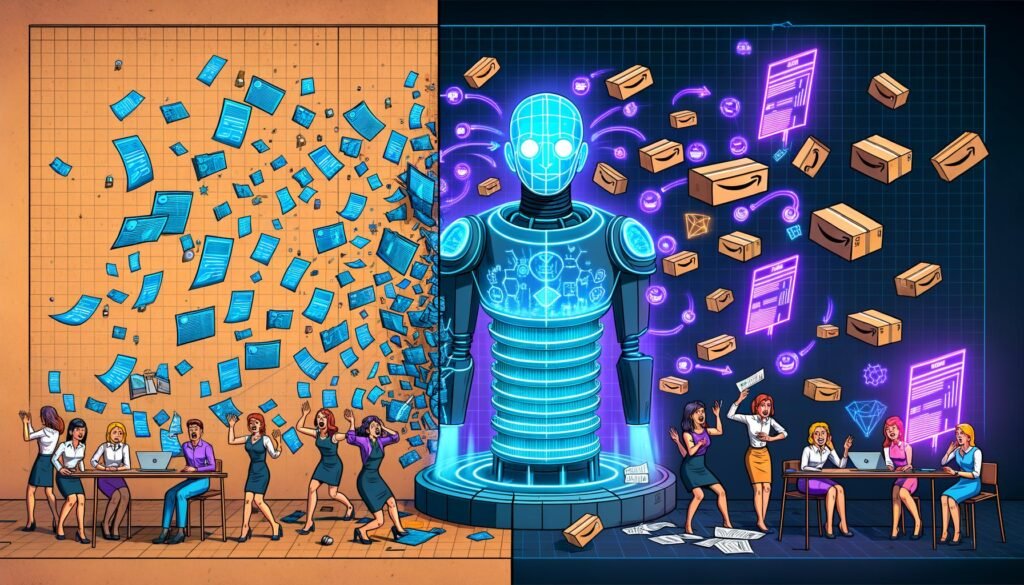 Moderne Illustration zeigt links gestresste Marketingmanager mit Excel und Notizblöcken, rechts eine KI in futuristischem Kontrollzentrum mit holografischen Daten, Amazon-Paketen und Neon-Blueprints.