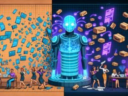 Moderne Illustration zeigt links gestresste Marketingmanager mit Excel und Notizblöcken, rechts eine KI in futuristischem Kontrollzentrum mit holografischen Daten, Amazon-Paketen und Neon-Blueprints.