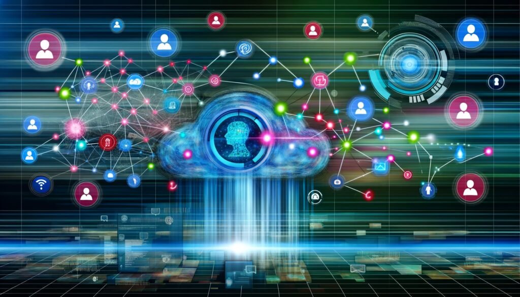 Digitale Darstellung einer modernen Kundendaten-Plattform mit Knotenpunkten, bunten Datenpunkten und Datenschutzsymbolen vor urbaner Skyline im Technology-Stil.