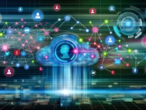 Digitale Darstellung einer modernen Kundendaten-Plattform mit Knotenpunkten, bunten Datenpunkten und Datenschutzsymbolen vor urbaner Skyline im Technology-Stil.