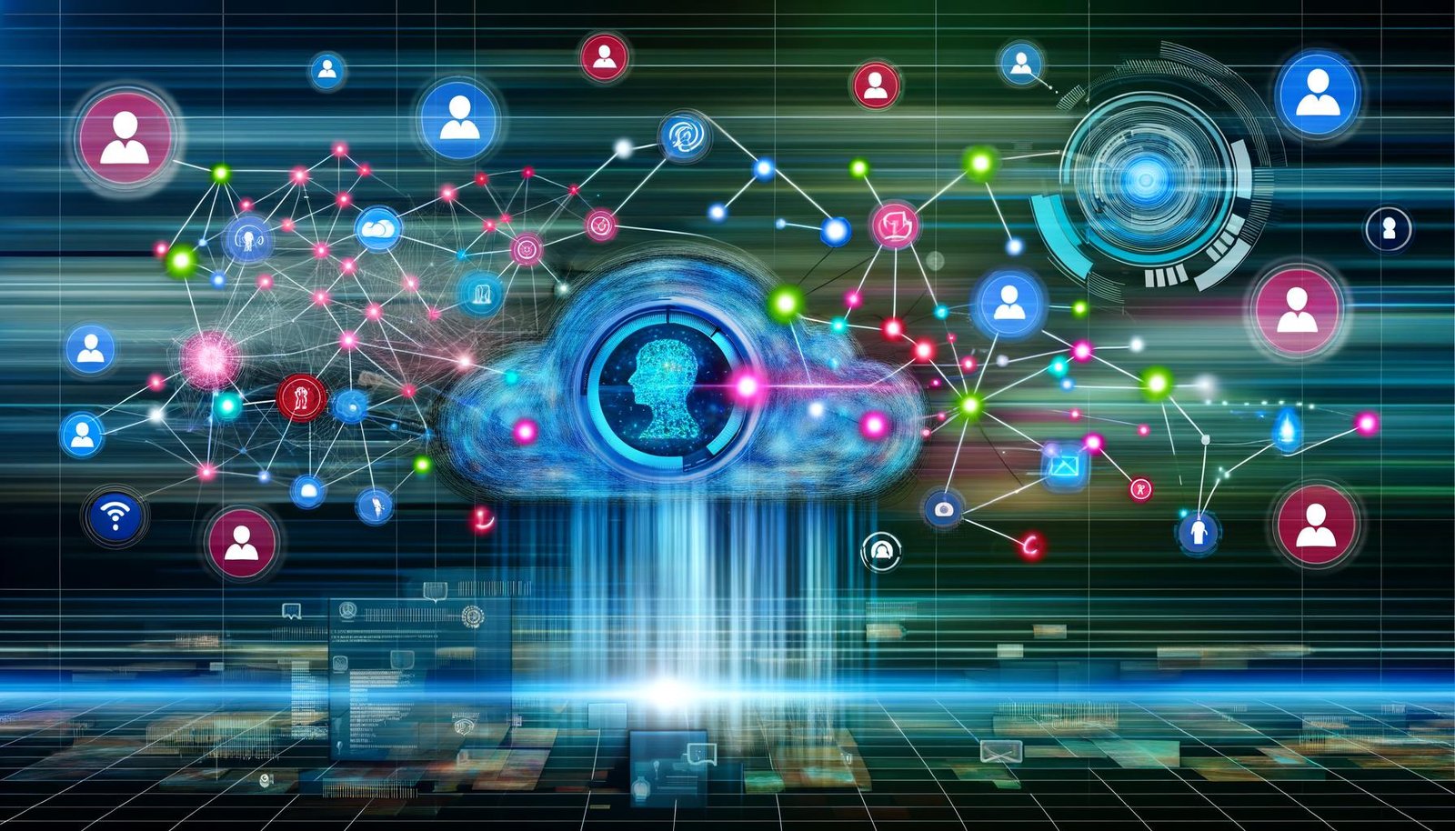 Digitale Darstellung einer modernen Kundendaten-Plattform mit Knotenpunkten, bunten Datenpunkten und Datenschutzsymbolen vor urbaner Skyline im Technology-Stil.