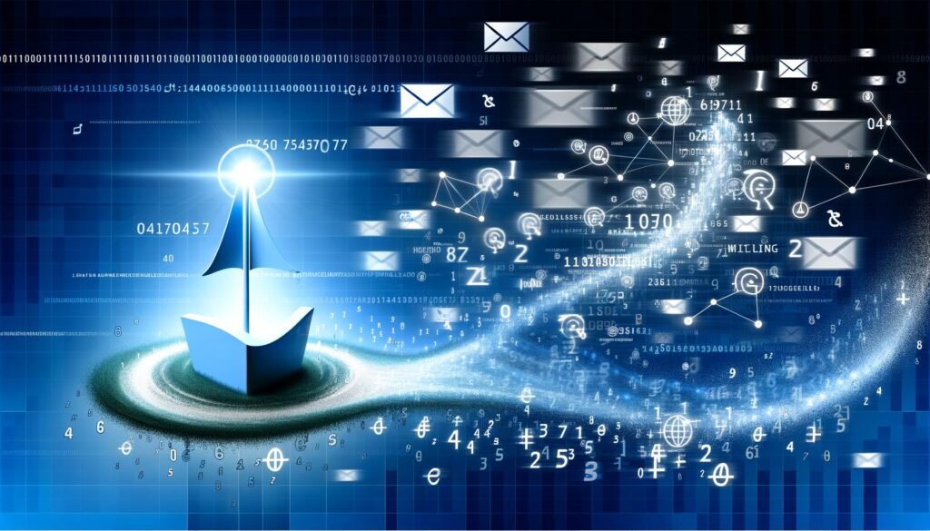 Modernes Titelbild: Eine leuchtende Marken-Ikone steht zentral im digitalen Ozean aus Zahlen, Social-Media-Symbolen und Datenströmen, umgeben von E-Mails, Datenpunkten und abstrahierten Zeitungsseiten, in einer dynamischen, blauen Digital-Ästhetik.