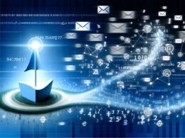 Modernes Titelbild: Eine leuchtende Marken-Ikone steht zentral im digitalen Ozean aus Zahlen, Social-Media-Symbolen und Datenströmen, umgeben von E-Mails, Datenpunkten und abstrahierten Zeitungsseiten, in einer dynamischen, blauen Digital-Ästhetik.