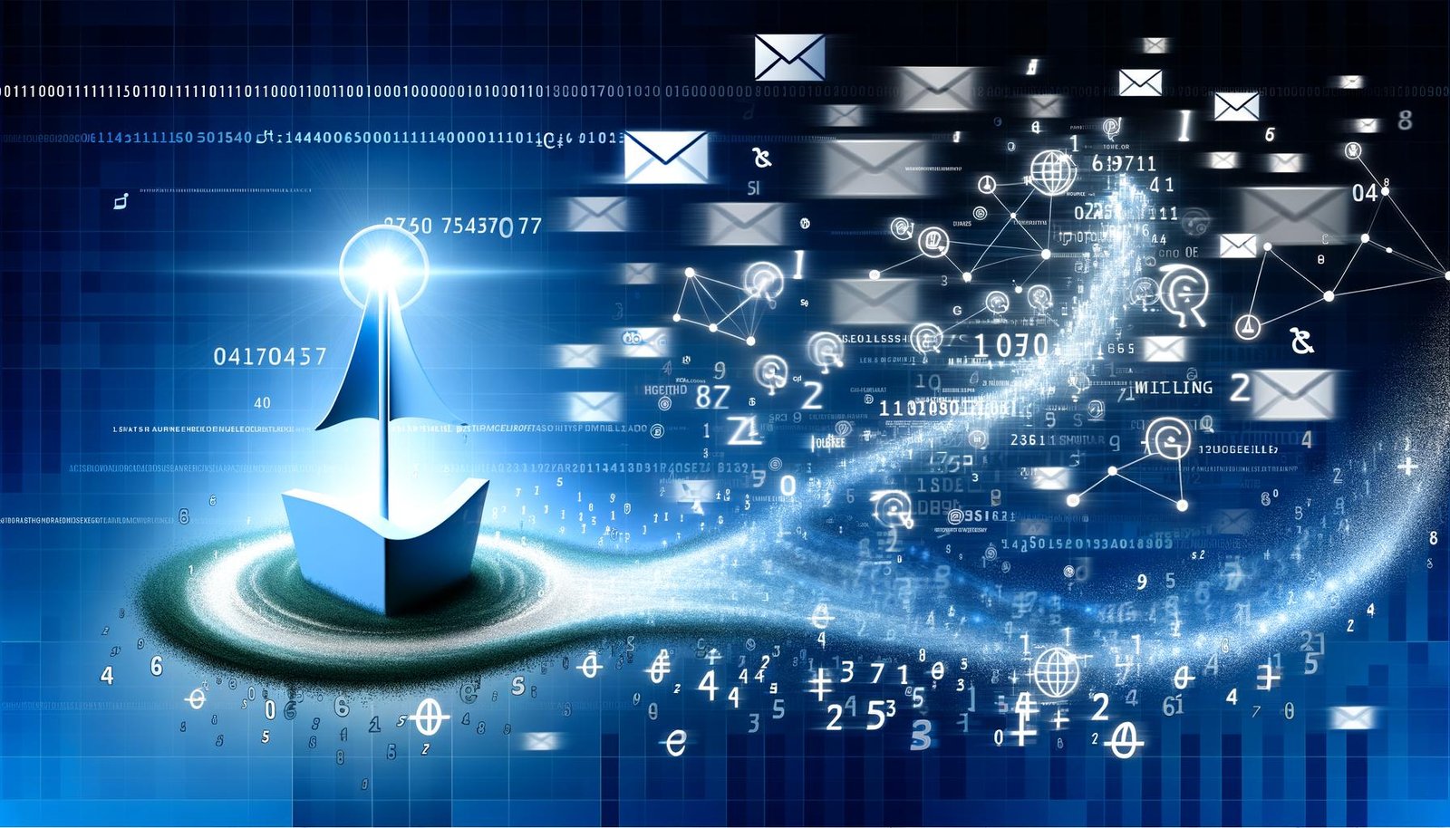 Modernes Titelbild: Eine leuchtende Marken-Ikone steht zentral im digitalen Ozean aus Zahlen, Social-Media-Symbolen und Datenströmen, umgeben von E-Mails, Datenpunkten und abstrahierten Zeitungsseiten, in einer dynamischen, blauen Digital-Ästhetik.