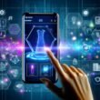 Hypermoderne Amazon Shopping App mit holografischen 3D-Produktmodellen, nativer Werbung und Analytik-Overlays auf futuristischem Smartphone-Interface.