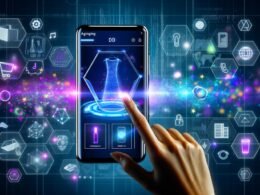 Hypermoderne Amazon Shopping App mit holografischen 3D-Produktmodellen, nativer Werbung und Analytik-Overlays auf futuristischem Smartphone-Interface.