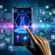 Hypermoderne Amazon Shopping App mit holografischen 3D-Produktmodellen, nativer Werbung und Analytik-Overlays auf futuristischem Smartphone-Interface.
