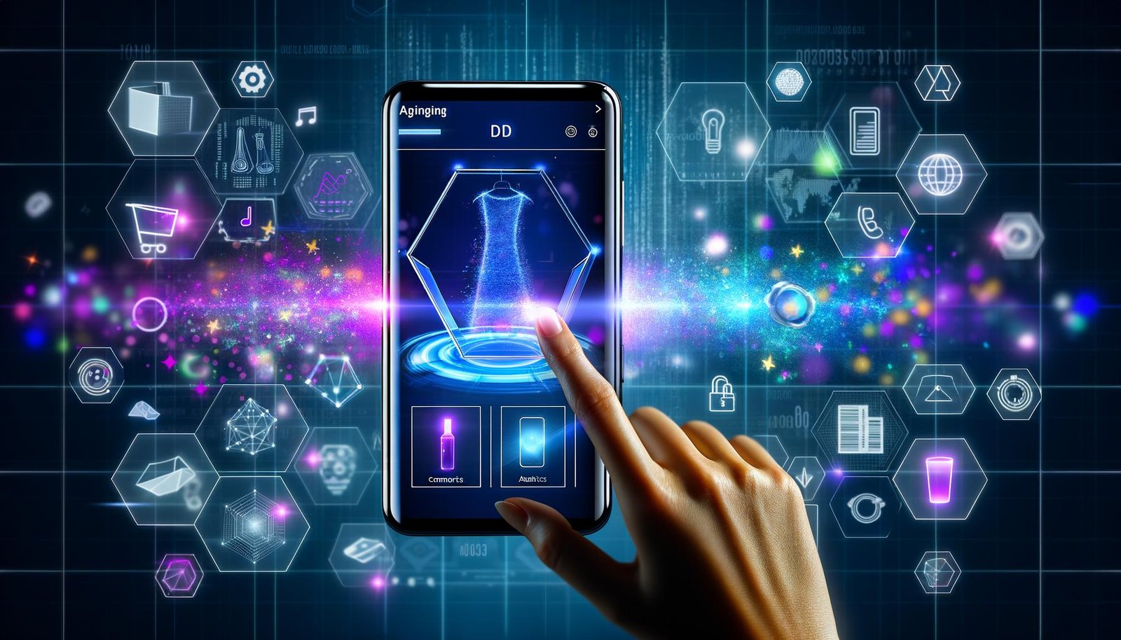 Hypermoderne Amazon Shopping App mit holografischen 3D-Produktmodellen, nativer Werbung und Analytik-Overlays auf futuristischem Smartphone-Interface.