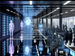 Futuristisches Datenzentrum als Parlamentsersatz, mit gläsernen Server-Racks, leuchtenden Datenströmen, humanoiden Lichtsilhouetten und schwebendem neuronalen Netz, verblasste Politiker am Rand.