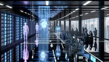 Futuristisches Datenzentrum als Parlamentsersatz, mit gläsernen Server-Racks, leuchtenden Datenströmen, humanoiden Lichtsilhouetten und schwebendem neuronalen Netz, verblasste Politiker am Rand.