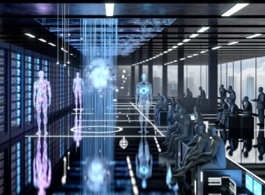 Futuristisches Datenzentrum als Parlamentsersatz, mit gläsernen Server-Racks, leuchtenden Datenströmen, humanoiden Lichtsilhouetten und schwebendem neuronalen Netz, verblasste Politiker am Rand.