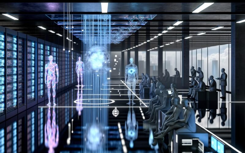 Futuristisches Datenzentrum als Parlamentsersatz, mit gläsernen Server-Racks, leuchtenden Datenströmen, humanoiden Lichtsilhouetten und schwebendem neuronalen Netz, verblasste Politiker am Rand.