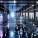 Futuristisches Datenzentrum als Parlamentsersatz, mit gläsernen Server-Racks, leuchtenden Datenströmen, humanoiden Lichtsilhouetten und schwebendem neuronalen Netz, verblasste Politiker am Rand.