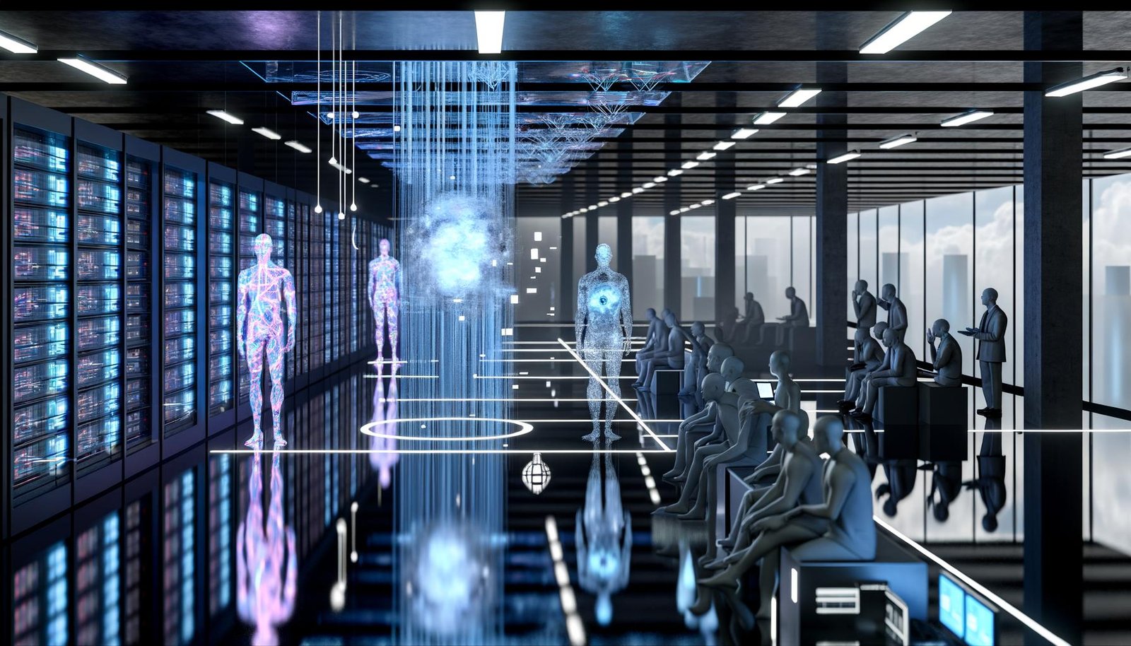 Futuristisches Datenzentrum als Parlamentsersatz, mit gläsernen Server-Racks, leuchtenden Datenströmen, humanoiden Lichtsilhouetten und schwebendem neuronalen Netz, verblasste Politiker am Rand.