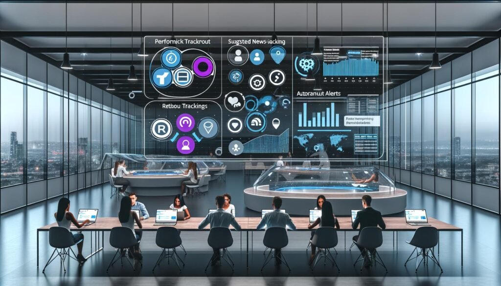 Innovatives Großraumbüro mit PR-Manager:innen, digitalen Datenvisualisierungen, KPI-Monitoren und modernen Kommunikations-Tools in kühlem Farbschema.