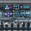 Innovatives Großraumbüro mit PR-Manager:innen, digitalen Datenvisualisierungen, KPI-Monitoren und modernen Kommunikations-Tools in kühlem Farbschema.