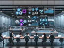 Innovatives Großraumbüro mit PR-Manager:innen, digitalen Datenvisualisierungen, KPI-Monitoren und modernen Kommunikations-Tools in kühlem Farbschema.