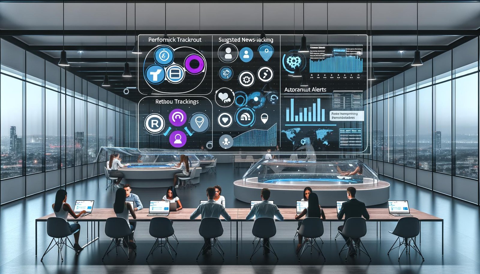 Innovatives Großraumbüro mit PR-Manager:innen, digitalen Datenvisualisierungen, KPI-Monitoren und modernen Kommunikations-Tools in kühlem Farbschema.