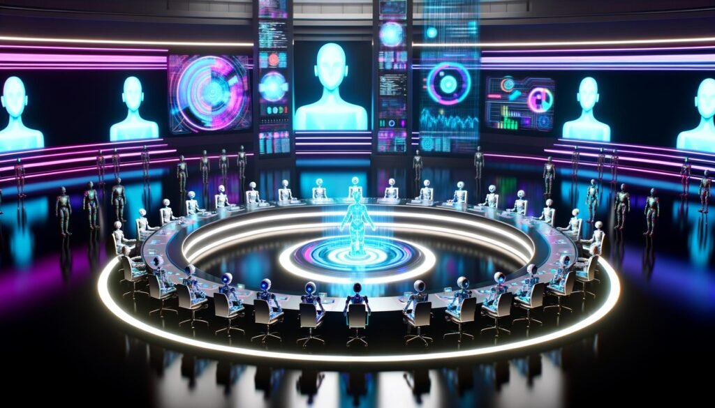 Futuristischer Plenarsaal mit Menschen, humanoiden Robotern und hologrammhaften KI-Avataren an einem beleuchteten runden Tisch, umgeben von digitalen Displays mit Blockchain-Logos und Datenströmen.