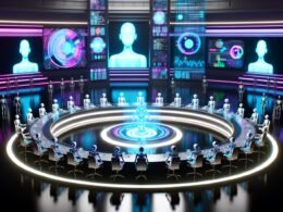 Futuristischer Plenarsaal mit Menschen, humanoiden Robotern und hologrammhaften KI-Avataren an einem beleuchteten runden Tisch, umgeben von digitalen Displays mit Blockchain-Logos und Datenströmen.