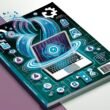 Futuristischer Laptop mit Amazon-Branding, umgeben von digitalen Werbebannern, Datenströmen, KI-Symbolen und Zahnrädern auf hellblauem Hintergrund.