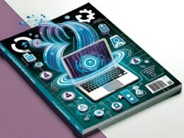 Futuristischer Laptop mit Amazon-Branding, umgeben von digitalen Werbebannern, Datenströmen, KI-Symbolen und Zahnrädern auf hellblauem Hintergrund.